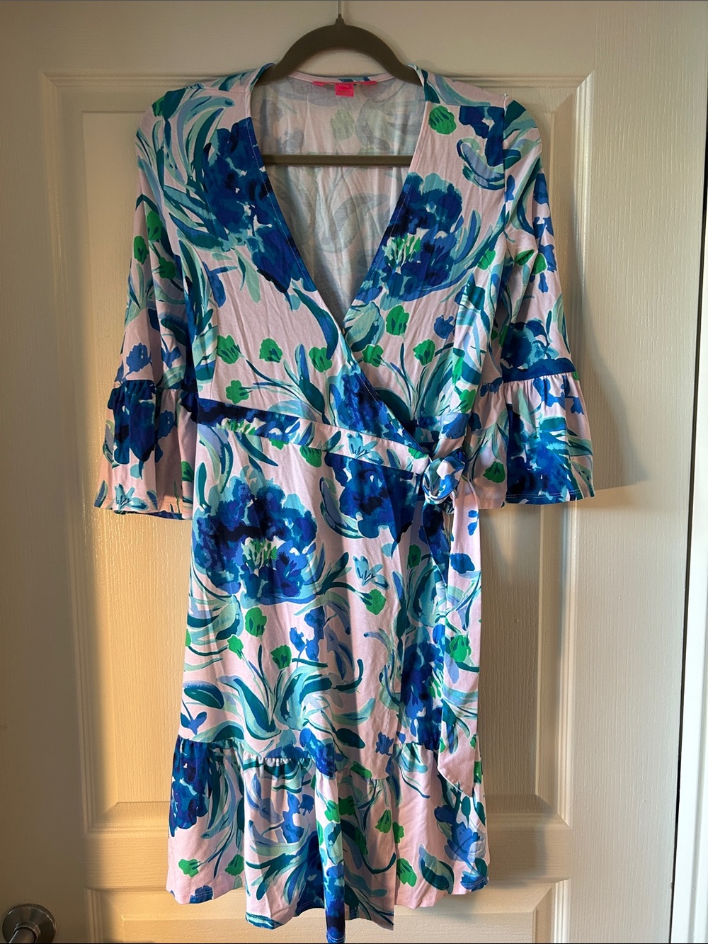 Lilly Pulitzer Light Pink Wrap Dress with Blue and Green Floral Print